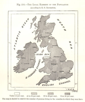 Das lokale Element der Bevölkerung. Ravenstein. Britische Inseln. Skizzenkarte 1885