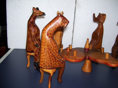 Hand Carved Wood African Safari Animals Sitting Figurines Set of 6 Table Chairs - Picture 5 of 21