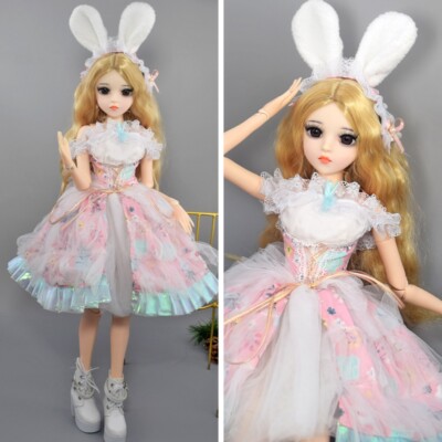 Full Set Blonde Long Wavy Hair and Pink Dress Cute 1/3 BJD Doll Kids Xmas Gift