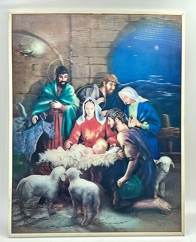 Jesuskind Krippe 3D Lento-Grafik linsenförmig gerahmt 11"x14" selten Vintage - Bild 1 von 5