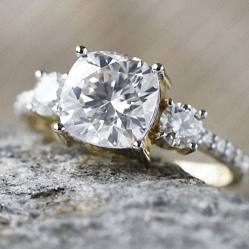 2.34 TCW Cushion Cut Moissanite Three Stone Engagement Ring 14K Two-Tone Gold - Picture 3 of 8
