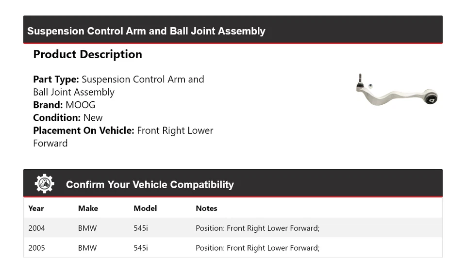 Brazo de control delantero derecho inferior delantero delantero MOOG para BMW 545i 2004-2005 Foto 2 de 4