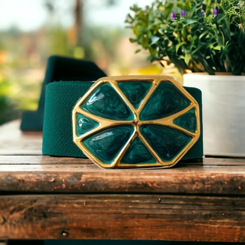 Day Lor Cinch Belt S M Vintage 80s Elastic Teal Green Gold Tone Buckle Enameled - Picture 17 of 17