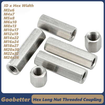 Long Nuts Rod Bar Hexagonal Connector Coupling Stud A2 Stainless Steel DIN 6334