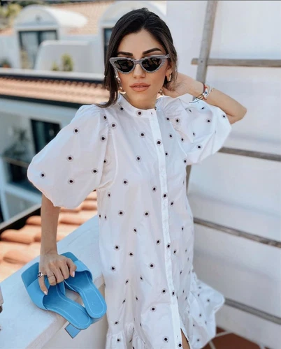 ZARA OYSTER WHITE PUFF SLEEVE MARIE FLORAL EMBROIDERED POPLIN RUFFLED MIDI DRESS - Picture 4 of 24