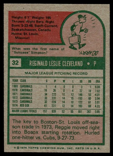 1975 Topps Reggie Cleveland Boston Red Sox #32 - Picture 2 of 2