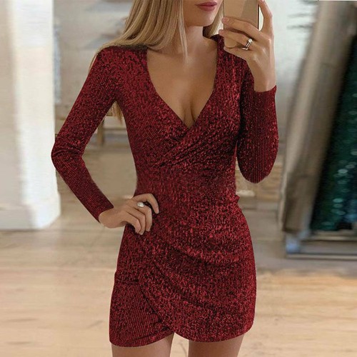Damen Glitzer Pailletten Party Minikleid Bodycon Club V-Ausschnitt Langarm Kleider - Bild 2 von 19