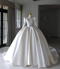 Elegant White Satin Wedding Dresses Long Sleeves V Neck Bridal Ball Gowns