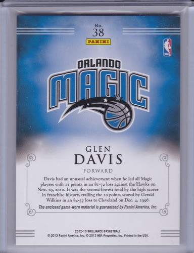 2012-13 Panini Brilliance Game Time Jerseys (GAME-WORN) Glen Davis Card #38 - Picture 2 of 2
