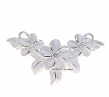 STERLING SILVER 925 HAWAIIAN 3 PLUMERIA FLOWER MAILE LEAF SLIDE PENDANT CZ