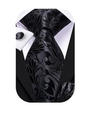 Mens Paisley Striped Tie and Handkerchief Cufflinks Tie Set for Solid Black