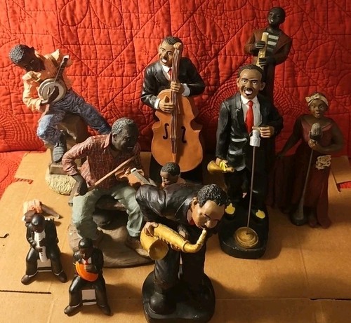 African American Jazz Band Statuen Mahagoni Princess Sax Banjo 9 Stück beschädigt
