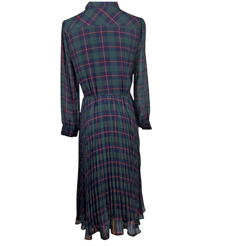 J Crew Hunter Green Tartan Plaid Tie-Neck Pleated A-Line Lined Midi Dress Sz 2 - Picture 3 of 13