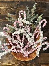 10 6”Candy Cane Bowl Filler Christmas Ornaments Wrapped In Ticking Fabric
