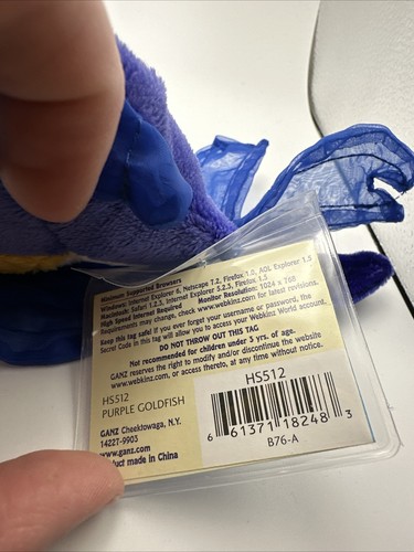 Purple Goldfish Plush GANZ Webkinz Sealed Unused Code Tag HS512 Lil' Kinz - Picture 5 of 5