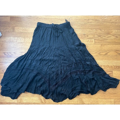 Vintage Y2K Black Boho Embroidered Maxi Skirt Asymmetrical Hem Whimsigoth Boho - Picture 5 of 6