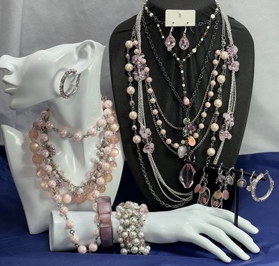 Pretty In Pink Jewelry Lot 15 PCS Necklaces Earrings Bracelets Silver Tone Beads