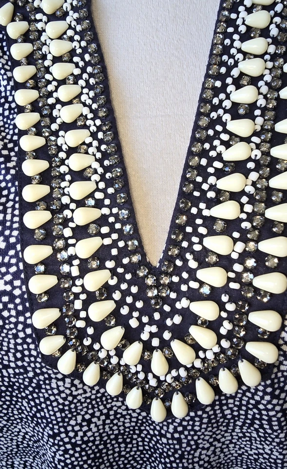 Blusa Tory Burch Seda Adornada con Cuentas S Azul Blanco Estampado Elegante Elegante Top Foto 2 de 4