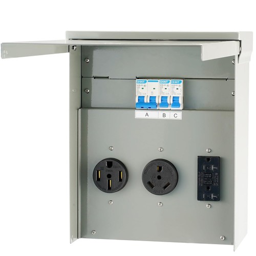 Temporary Power Outlet Panel,Weatherproof RV Electrical Breaker Box a 20/30
