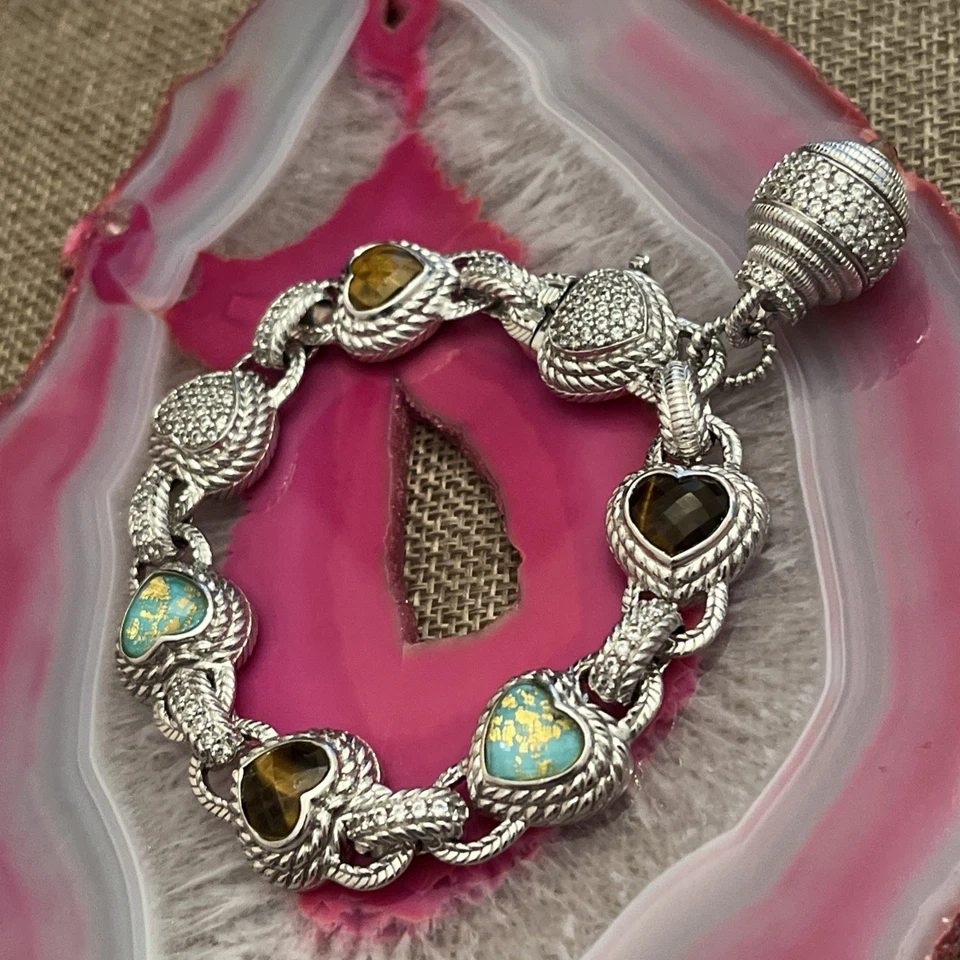 Judith Ripka Sterling Silver Tigers Eye Turquoise Heart Doublet Bracelet 8.25” - Image 3 of 4