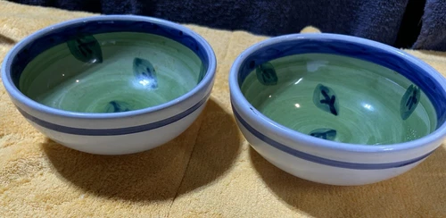 Caleca Hand Painted Leaf Bowl 5 1/8” Made In Italy Blue Green Vintage Set Of 2