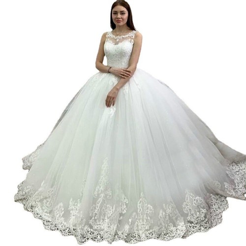 Ball Gown Wedding Dress for Bride Lace Applique Crew Neck Princess Bridal Gown - Picture 5 of 7