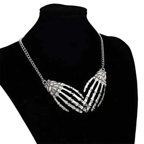 Women Gothic Punk Skeleton Hand Vintage Hip Hop Skull Halloween Pendant Necklace - Picture 2 of 6