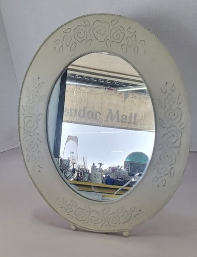 Vintage Shabby Chic Oval Desk Vanity Metal Mirror 13" X 11" - Picture 1 of 7