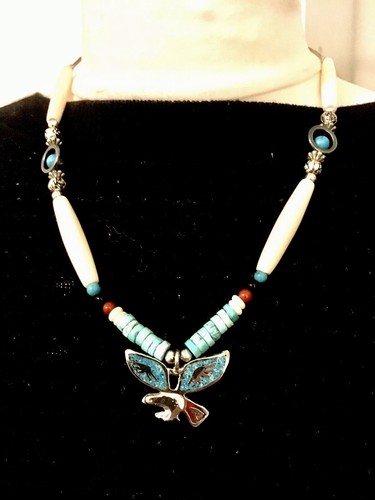 Native American Kewa Santa Domingo ? Necklase Turquoise Inlay Eagle Pendant - Picture 2 of 12