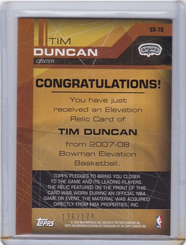 2007 Bowman Basketball Card #ER-TD Tim Duncan Elevation Relic 136/179 - NM-Mt - Picture 2 of 2