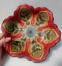 Vtg. Flower Folk  Art Pier 1 Import Ceramic Floral Decorative Serving Dish Bowl