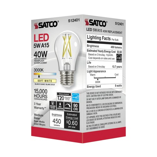 6 Pack Satco S12400 LED Filament 120V 5W A15 Medium E26 Clear 3000K Soft White - Picture 6 of 8