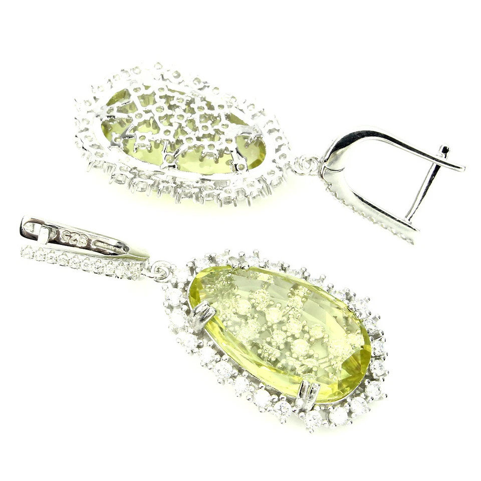Natural 20x12mm Top Yellow Lemon Quartz ,W.Cz 925 Sterling Silver DROP Earrings - Image 3 of 3