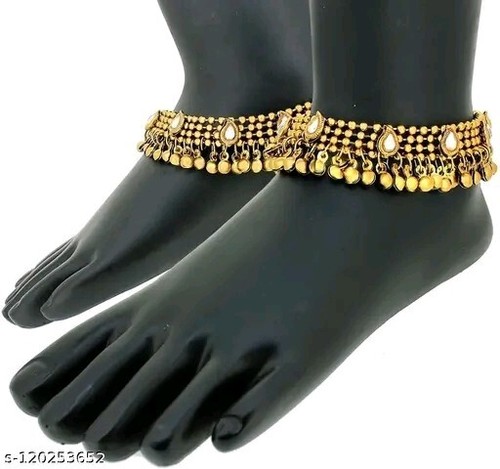 Tobillera Ghungroo Dorada India Plata Alemana Kundan Oxidada Cz Payal - Imagen 4 de 4