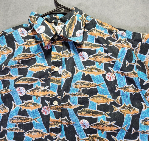 Vintage Go Barefoot Mens Hawaiian Shirt Blue Large Geometric Fish Print Beach - Picture 5 of 8