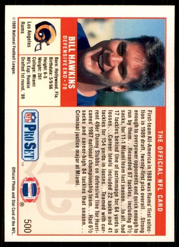 1989 Pro Set. Bill Hawkins Football Cards #500 - Picture 2 of 2