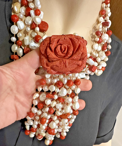 Handmade Carved Red Sponge Coral Pearls Knotted Rose Flower Tassel 6T Necklace - Picture 3 of 9