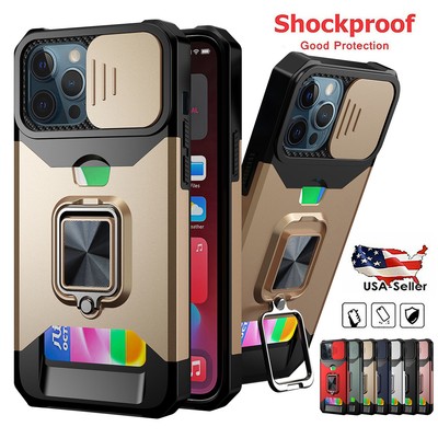 For iPhone 15 Pro Max 14 13 12 11 XS XR 8 Card Wallet Case Shockproof Ring Stand