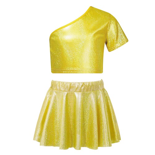 Kids Girls Dance Outfit Metallic Dancewear One Shoulder Crop Top With Skirt - Picture 34 of 84