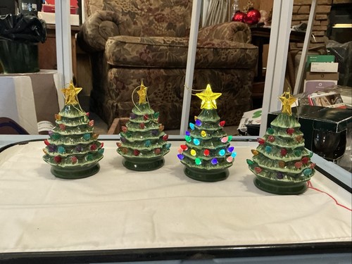 (4) Mr Christmas Mini Christmas Tree Light Up Ornament Nostalgic Timer 4.5”