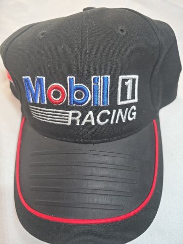 Mobil 1 Racing W/ Pegasus Logo Nascar Black Rubberized Bill Strapback Hat NWOT - Picture 2 of 11