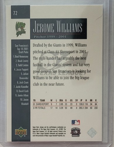 2001 Upper Deck Minors Centennial #72 Jerome Williams Giants Organization Card - Picture 2 of 2