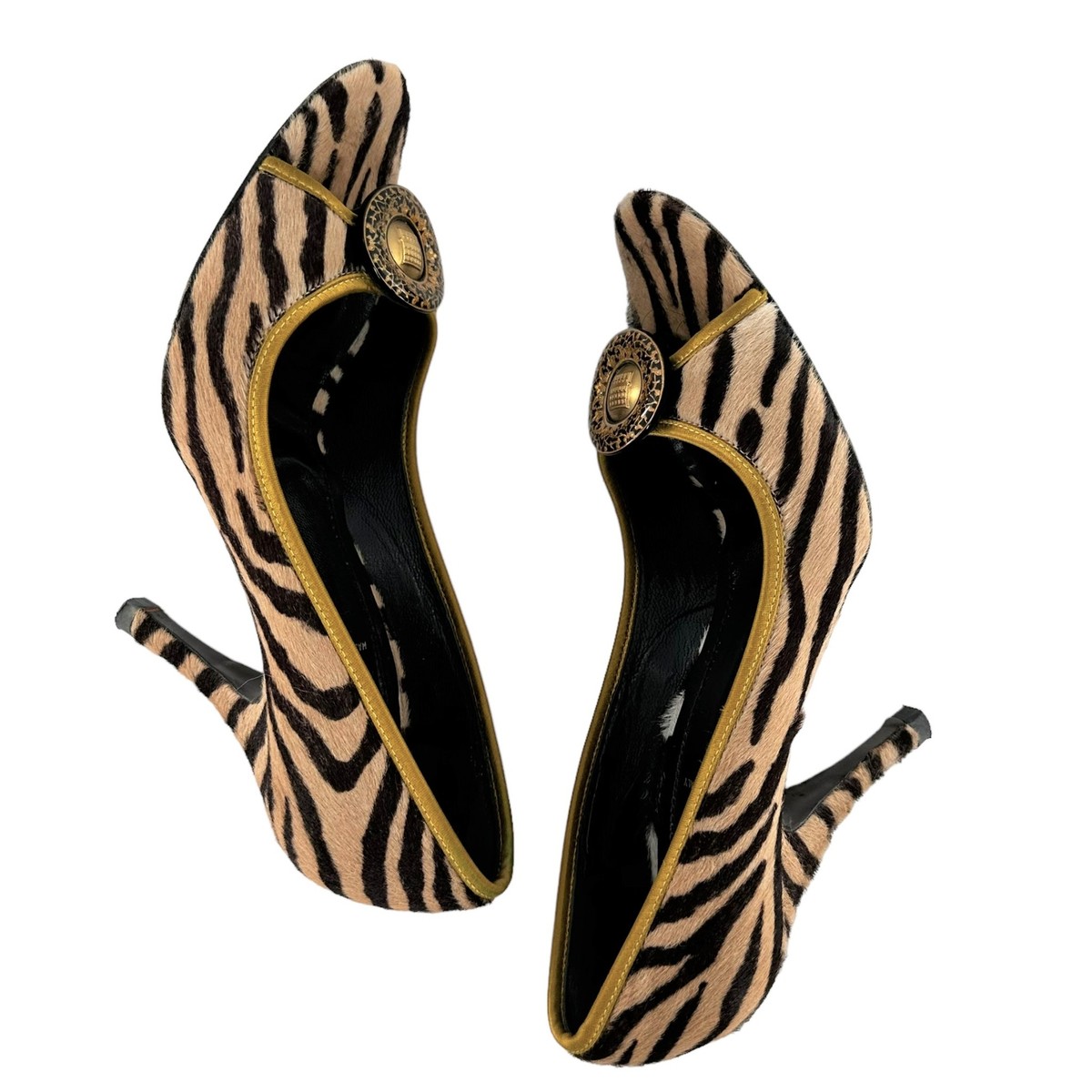 【美品】ヴィンテージ　フェンディ　パンプス Vintage FENDI Brown Tiger Stripe Print Calf Hair Open Toe
