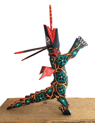 Oaxacan handbemalter geschnitzter Holzdrache Reptil mexikanischer Alebrije Volkskunst 11,75 Zoll - Bild 1 von 18