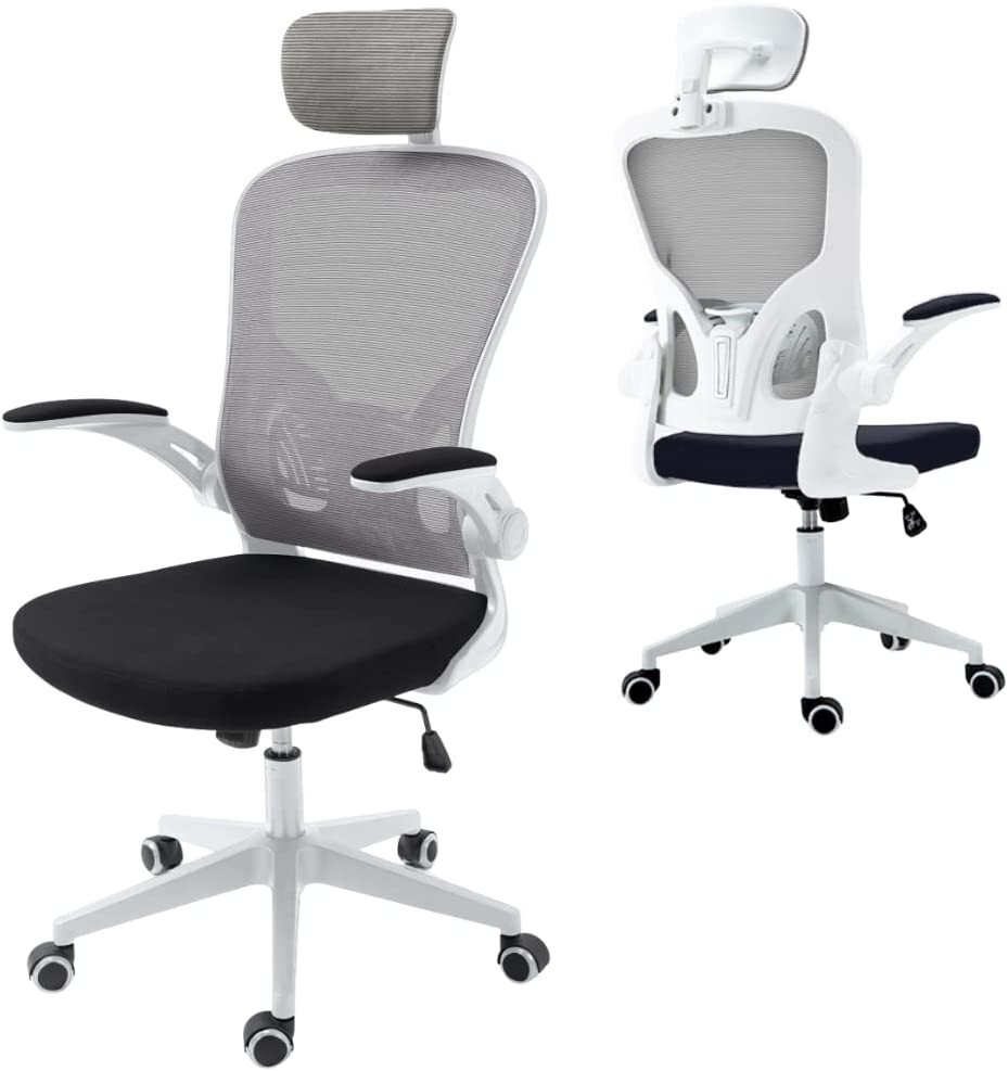 Silla de Oficina Ergonómica Blanca con Reposabrazos Abatibles y Soporte Lumbar