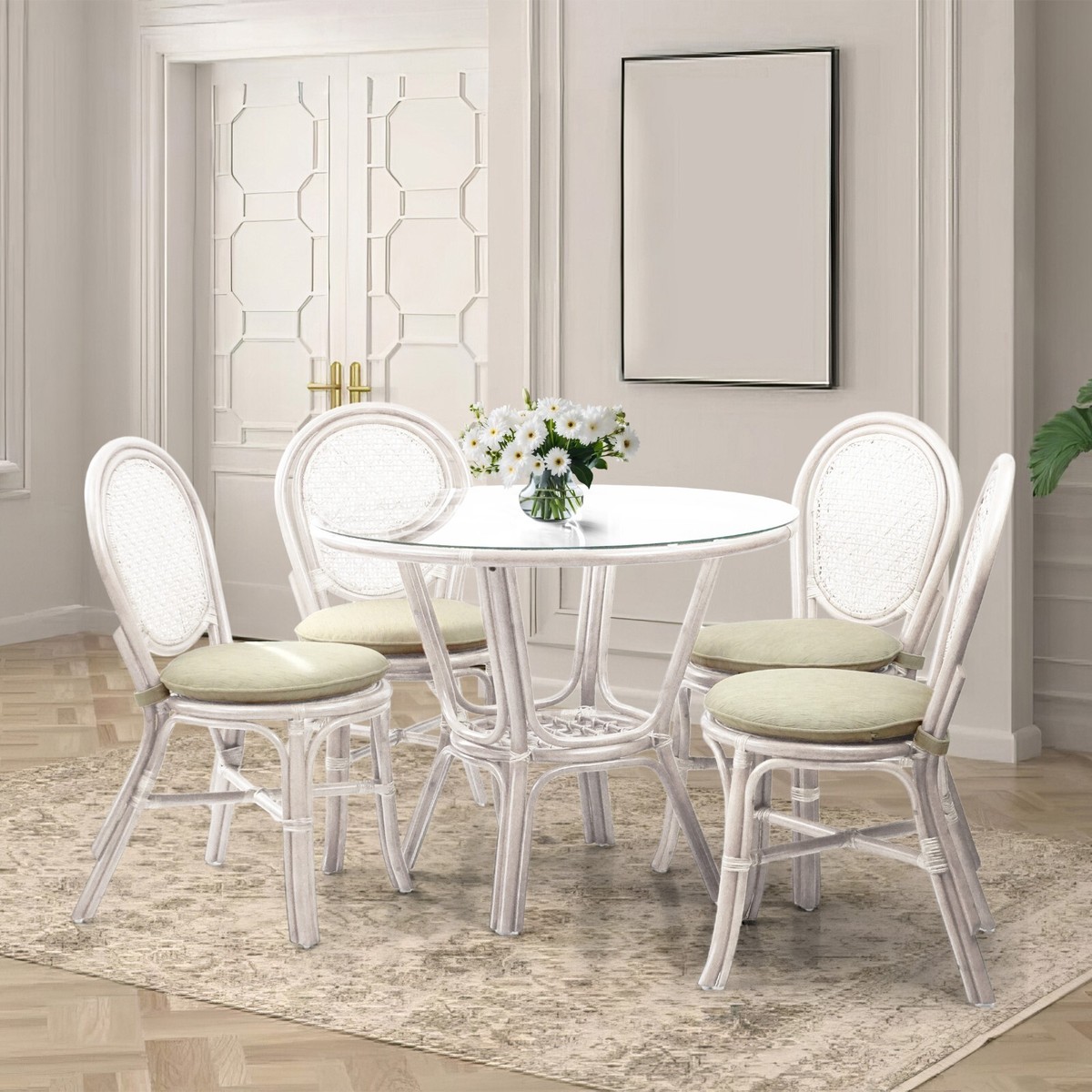Rattan Dining Set of Denver Side Chairs and Round Table Glass