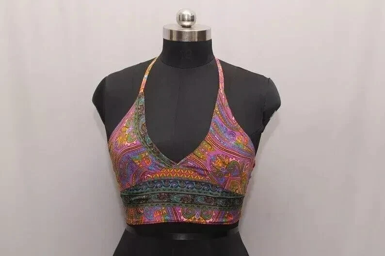 Lote de 5 piezas de sari de seda reciclada india cuello halter crop tops años 60 70 ropa Foto 4 de 4