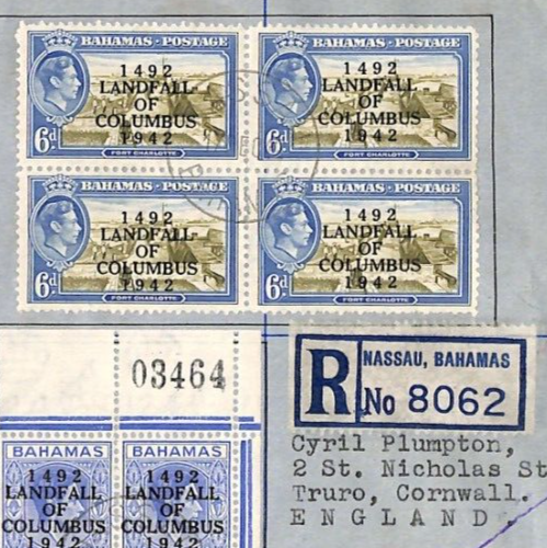 BAHAMAS KGVI Brief 1942 *LANDFALL OF COLUMBUS* 6d 3d BLOCKFRANKATUR Truro YD174 - Bild 5 von 8