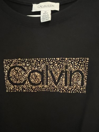 Calvin Klein Short-Sleeve T-Shirt Black Sz S CH/P Gold beaded Logo Chest 36" - Picture 3 of 4
