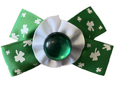 St. Patrick  s Day Hair Barrette 3.5  x 2  Green Grosgrain w/Shamrocks Ages 3 